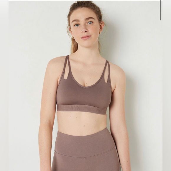 VS Pink Large Ultimate Strappy Lightly Lined Sports Bra & Panty NEW ICED COFFEE - Picture 4 of 16